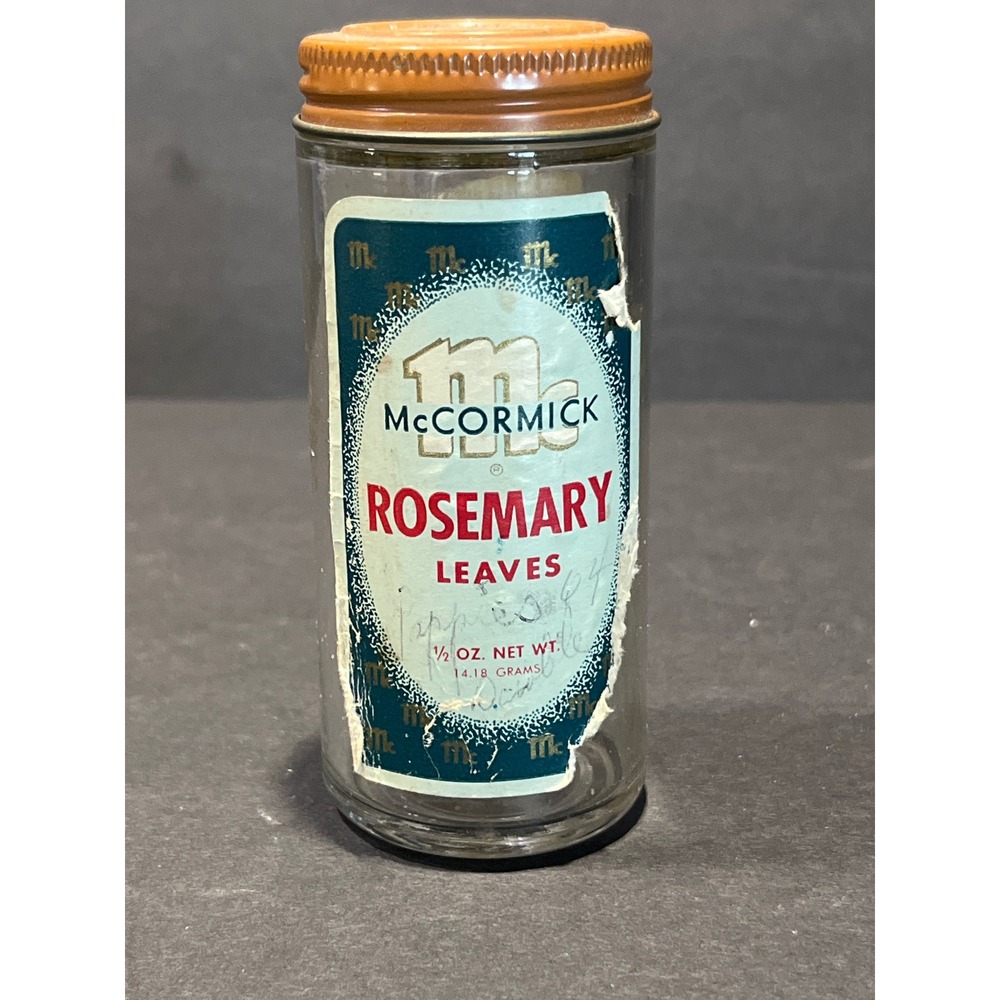 Vintage McCormick Rosemary Leaves Glass Spice Jar Orange Lid Schilling Logo